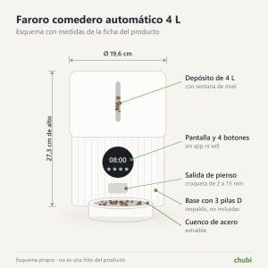 Esquema del comedero automático Faroro 4 L con medidas: 27,3 cm de alto y 19,6 cm de diámetro
